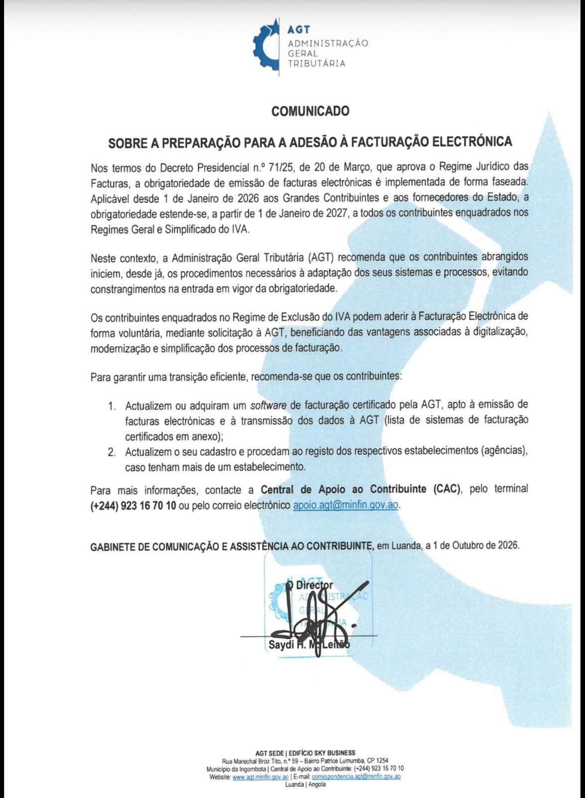 COMUNICADO – FACTURAÇÃO ELECTRÓNICA | AGT